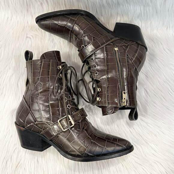 ALLSAINTS Katy Croc Ankle Boots Leather Lace Up Buckle Pointed Toe Heeled, Brown - Picture 10 of 14